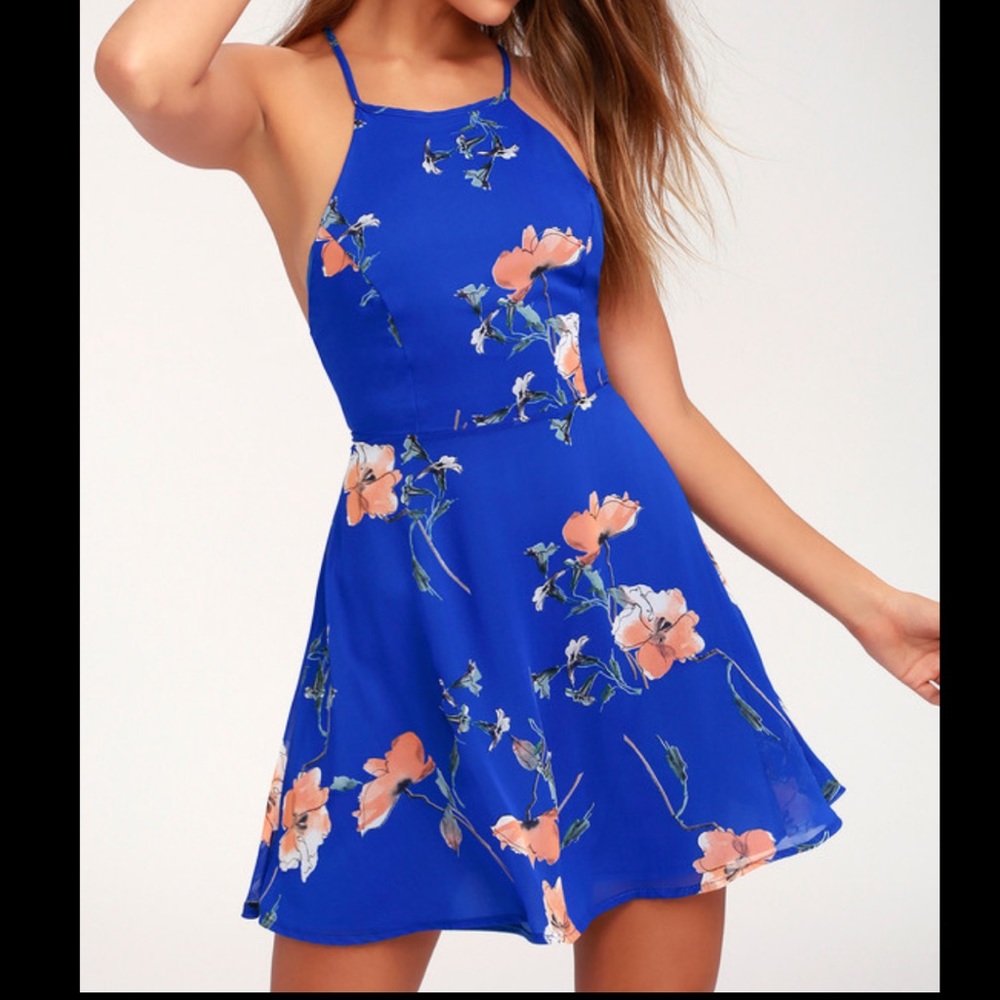 Lulus Cherished Moment Royal Blue Floral Print Lace-Up Skater Dress